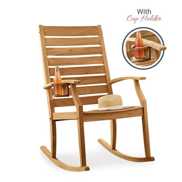 Misc Teak Outdoor Rocking Chair with Cup Holder Brown Farmhouse Weather Resistant