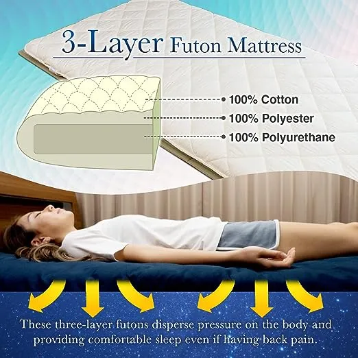 FULI Japanese Futon Mattress, 100% Cotton, Foldable & Portable Floor Lounger Bed, Roll Up Sleeping Pad, Shikibuton, Made in Japan (White, Twin)