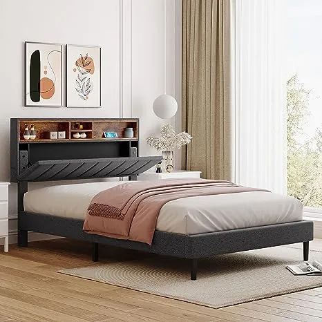 Merax Modern Upholstered Platform Bed with Storage Headboard and USB Port, Gray