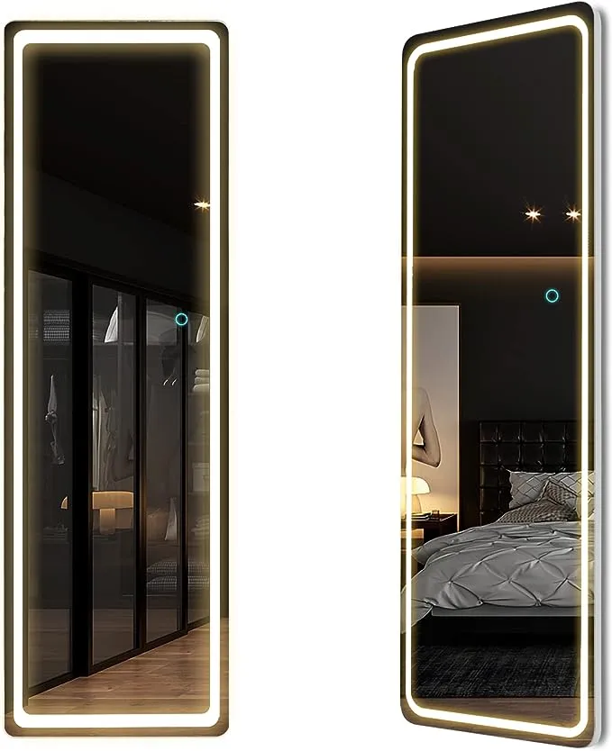 LVSOMT Full-Length Mirror with LED Lights, 47"x14" Full Body Lighted Mirror, Over The Door Mirror, Wall Mirror, Light Up Mirror for Bedroom Living Room 3 Color & Dimmable Brightness (White+LED)