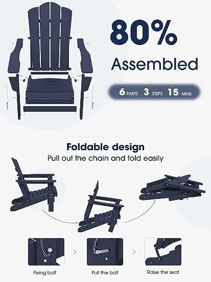 KINGYES Folding Adirondack Chair, HDPE All-Weather Folding Adirondack Chair, Aruba