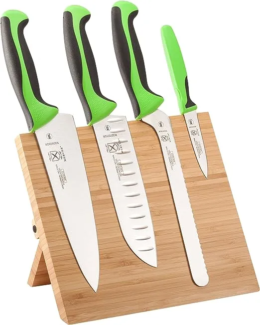 Millennia(R) Bamboo Magnetic Board Set,, includes (1) bamboo magnetic board, (1) 8in. chef knife, (1) 7in. Santoku knife with granton edge, (1) 3-1/2in. slim paring knife, and (1) 8in. offset, wavy edge bread knife, Japanese stain-resistant steel blades,