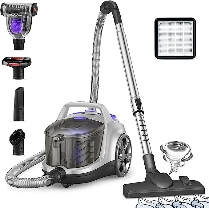 Aspiron Canister Vacuum Cleaner, 1200W Lightweight Bagless Vacuum Cleaner, 3.7QT Large Dust Cup, Automatic Cord Rewind, 5 Tools, HEPA Filter, Variable Speed Portable Vacuum for Hard Floors, Car, Pet