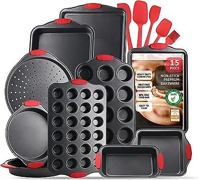 EATEX JT-BKS-10 15-Piece Nonstick Black Steel Bakeware Set with Silicone Handles