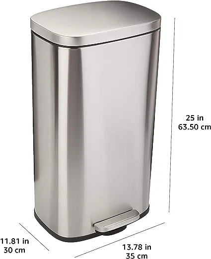 Amazon Basics Smudge Resistant Rectangular Trash Can With Soft-Close Foot Pedal, Brushed Stainless Steel, 30 Liter 7.9 Gallon, Satin Nickel Finish