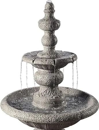 Teamson Home 2 Tiered ICY Stone Zen Floor Pedestal Waterfall Fountain with Pump for Outdoor Patio Garden Backyard Decking Décor, 53 inch Height, Stone Gray