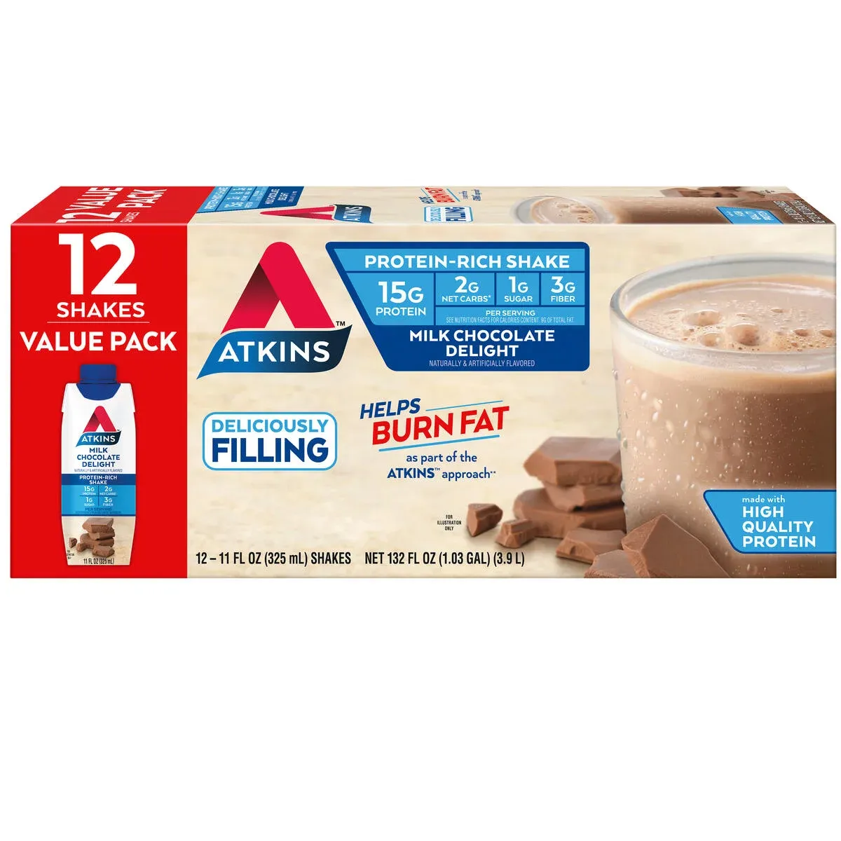 Atkins Milk Chocolate Delight Protein Shake, High Protein, Low Glycemic, Low Carb, Low Sugar, Keto Friendly, 11 fl oz, 12 Count