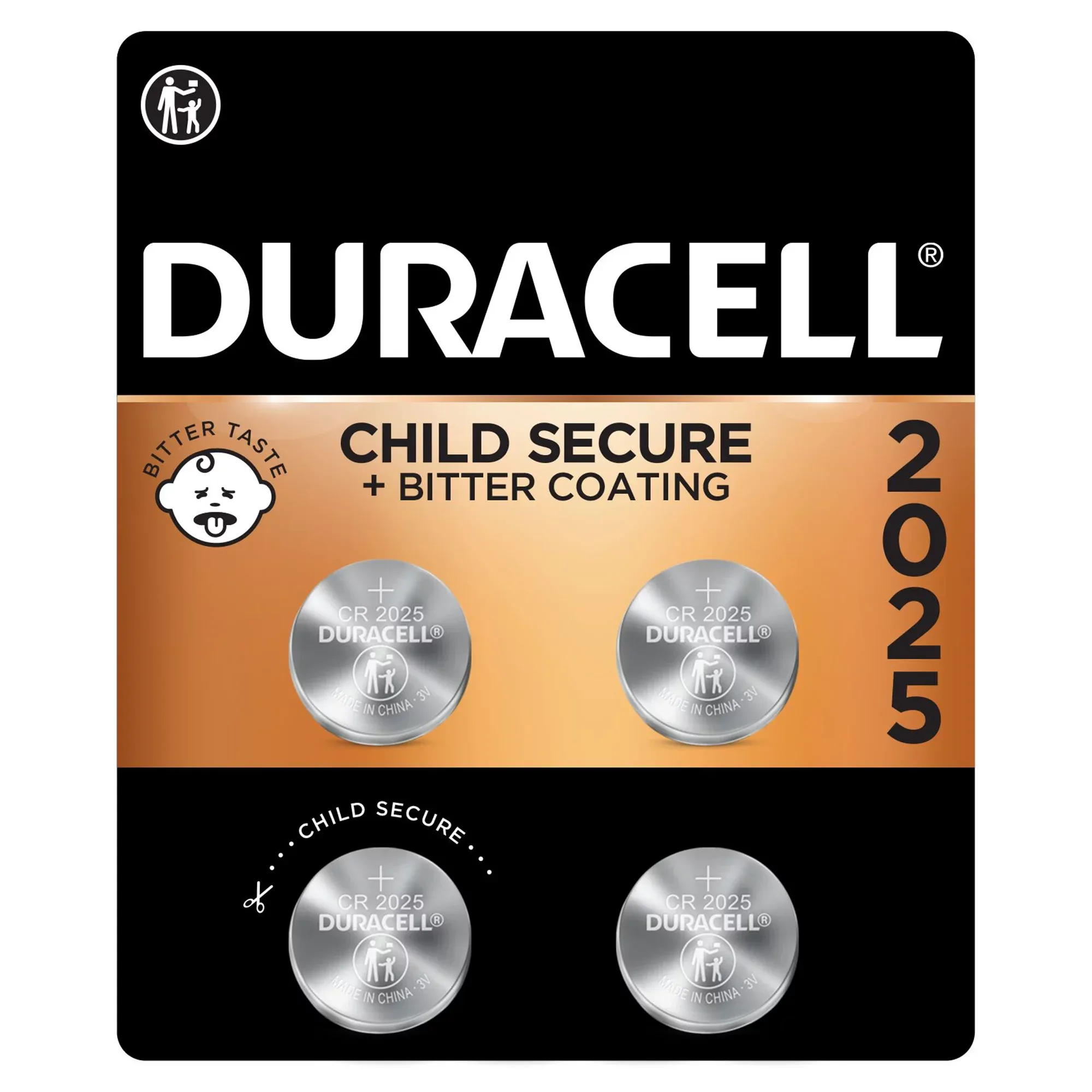 Duracell CR2025 3V Lithium Battery, Child Safety Features, 4 Count Pack, Lithium Coin Battery for Key Fob, Car Remote, Glucose Monitor, CR Lithium 3 Volt Cell