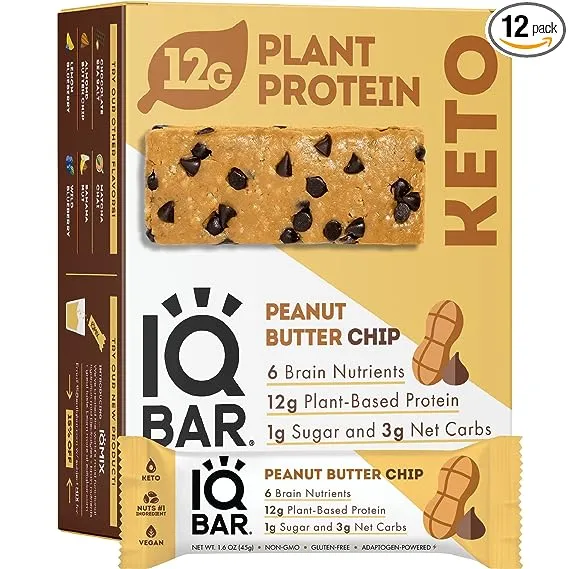 IQBAR Brain and Body Keto Protein Bars - Peanut Butter Chip Keto Bars - 12-Count Energy Bars - High Fiber Vegan Bars and Low Sugar Meal Replacement Bars - Vegan Snacks