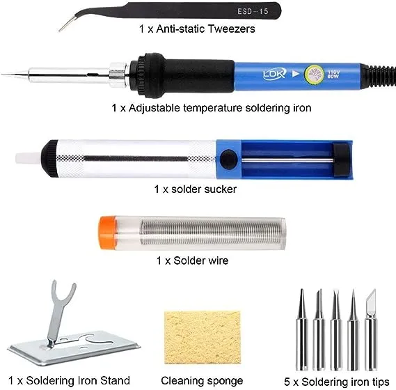 LDK Soldering Iron Kit Electronics, [Upgraded] Full Set 60W 110V Adjustable Temperature Welding Tool with 5pcs Different Tips, Stand, Tweezers, Sponge, Flux Pen, Solder Wire and User Manual