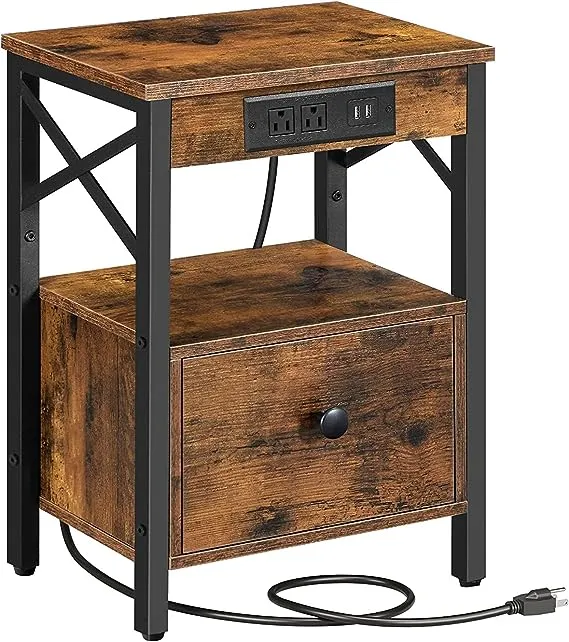 Nightstand with Charging Station, End Table with Drawer, USB Ports and Power Out