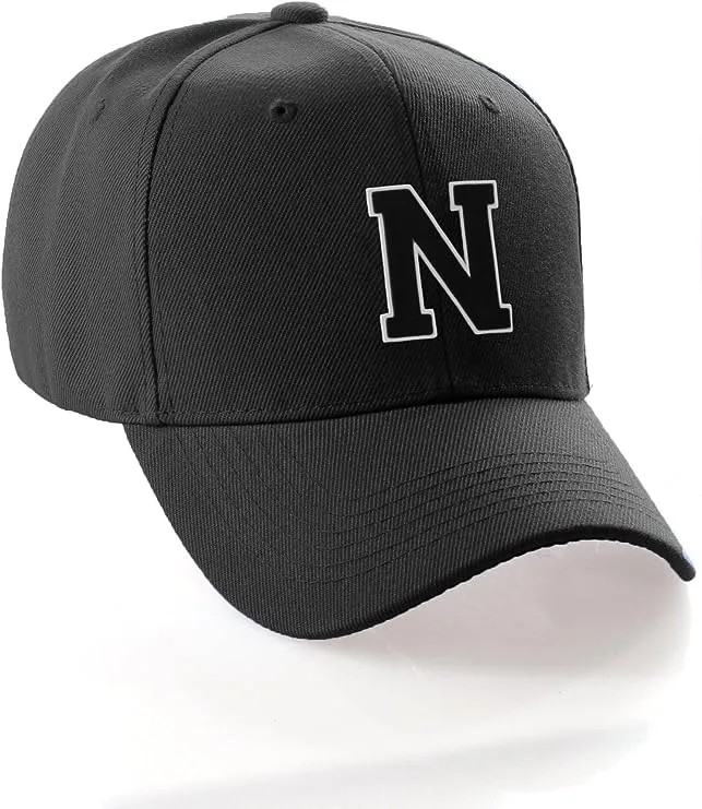 Classic Baseball Hat Custom A to Z Initial Team Letter, Black Cap White Black