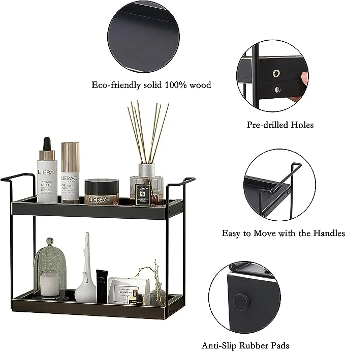 Black 2 Tier Bathroom Counter Organizer, Wood Bathroom Organizer Countertop Bathroom Counter Trays Vanity Organizer, Bathroom Sink Organizer Kitchen Organizer for Countertop Coffee Station Organizer