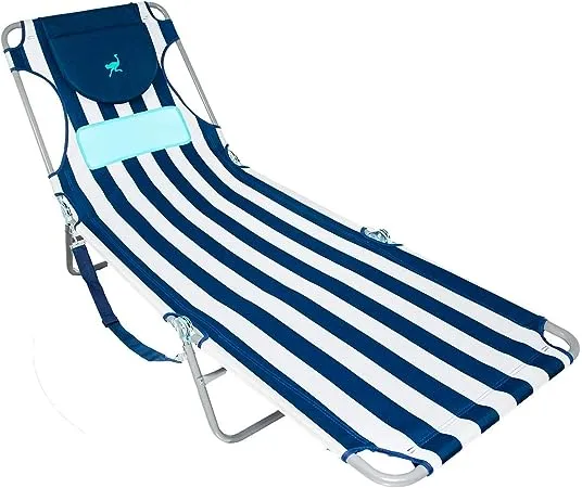 Ostrich Ladies Comfort Lounger with Chest Support, Portable Reclining Outdoor Patio Beach Lawn Camping Pool Tanning Chair, Blue Stripe