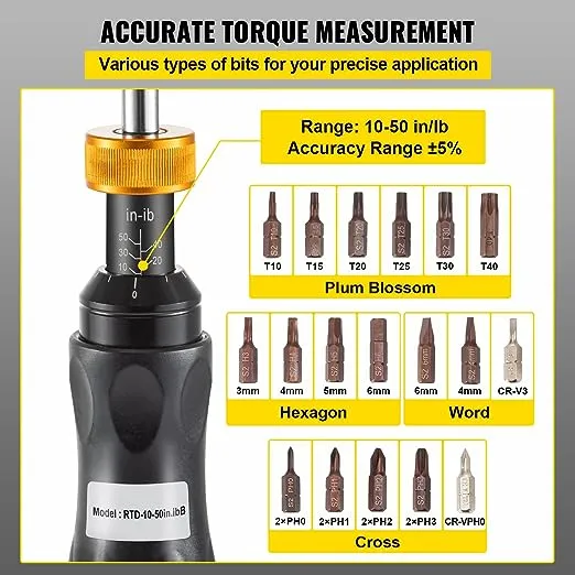 VEVOR Torque Screwdriver, 1/4" Drive Screwdriver Torque Wrench, Torque Screwdriver Electrician 10-50 in/lbs, Torque Range ACC