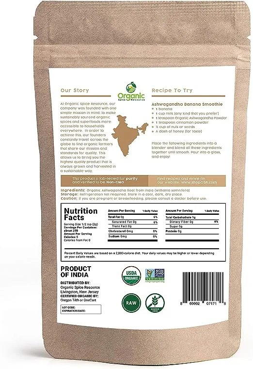 Organic Ashwagandha Root Powder -8 Ounce | Lab Tested for Purity | Resealable Kraft Bag,Non-GMO, Indian Ginseng, Withania Somnifera -100% Raw from India, by SHOPOSR (8 oz)