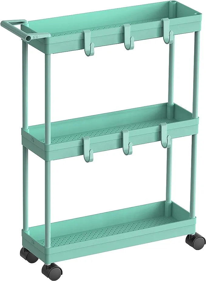 SimpleHouseware Kitchen Cart Storage 3-Tier Slim/Super Narrow Shelves with Handle, 26.5'' Height/5.5'' Width for Narrow Place, Turquoise