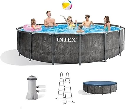 Intex Greywood Prism Frame 15' x 48" Round Above Ground Outdoor Swimming Pool Set with 1000 GPH Filter Pump, Ladder, Ground Cloth, and Pool Cover