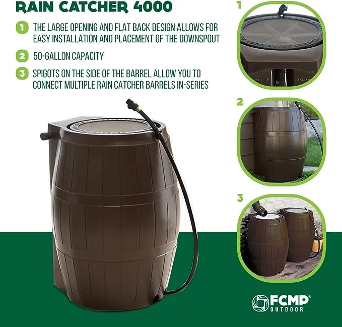 FCMP Outdoor RC4000 50-Gallon Heavy-Duty Outdoor Home Rain Catcher Barrel Water Container with Spigots and Mesh Screen, Brown