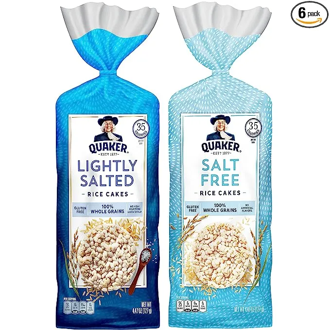 Quaker Large Rice Cakes, Gluten Free, Lightly Salted + Salt Free Variety Pack, 4.47 Ounce (Pack of 6)