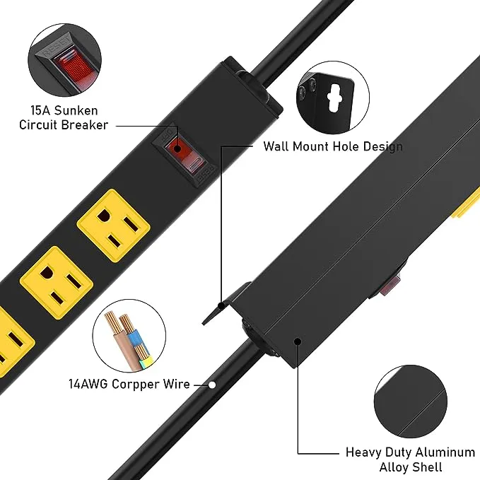 Metal 8 Outlet Mountable Power Strip By HHSOET, Wall Mount Outlet Heavy Duty, Wide Spaced Commercial Shop Power Strip with Switch, 15A 125V 1875W, 6 FT SJT 14AWG Power Cord (6FT), Black