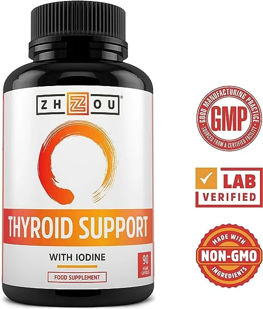 Zhou Thyroid Support Complex with Iodine Supplement, Increase Energy, Fight Brain Fog with Vitamin B12, Iodine, Magnesium, Zinc, Selenium, No Soy, Gluten-Free, 30 Servings, 60 Caps