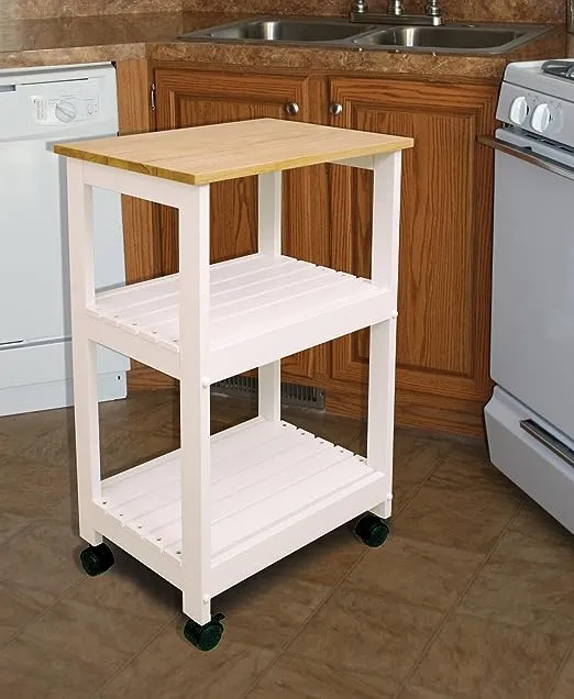 White Kitchen Cart with Natural Wood Top