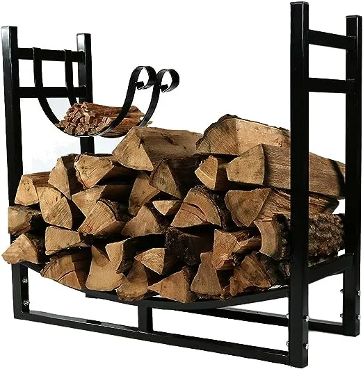 Sunnydaze Outdoor Firewood Log Rack with Kindling Holder - Powder-Coated Steel - 33 Inch Wide x 30 Inch Tall - Black