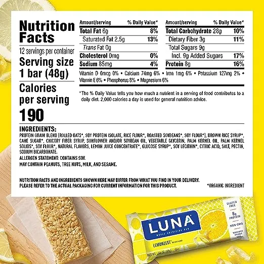 Luna Whole Nutrition Bar, Lemonzest, Value Pack - 12 pack, 1.69 oz per bar