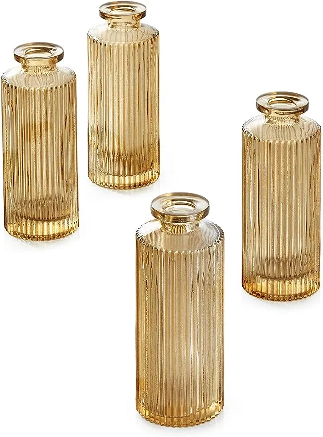 Serene Spaces Living Set of 4 Amber Pleated Bud Vase, Vases for Centerpieces for Home Decor, Events, Weddings, Parties, Measures 5.25" Tall and 2" Diameter