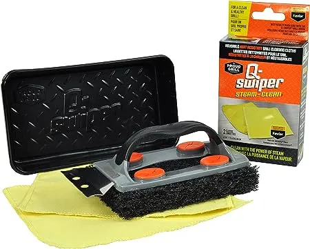 Q-Swiper Steam Clean BBQ Grill Cleaner Set - 1 Grill Brush with Scraper, 2 Heat Resistant Kevlar® Cloths, 1 Tray | Bristle Free | Safe Way to Steam Away Grill Grease & Grime