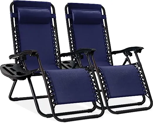 Best Choice Products Set of 2 Adjustable Steel Mesh Zero Gravity Lounge Chair Recliners w/Pillows and Cup Holder Trays - Ice GrayBest Choice Products Set of 2 Adjustable Steel Mesh Zero…