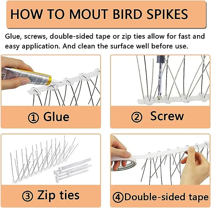 GeBot Bird Spikes for Small Birds, Bird Deterrent Spikes Stainless Steel Pigeon Spikes for Fence Roof Mailbox Window (3.3Ft 4 Strips(Uninstalled Spikes))