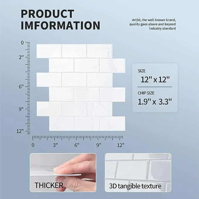 Art3d Subway Tiles Thickened Peel &amp; Stick Backsplash Marble White Stick 9.7 Sq F