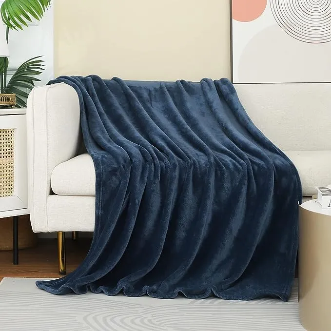 Softan Flannel Fleece Blanket Luxury Solid Velvet for Bed Couch Sofa, Navy Blue