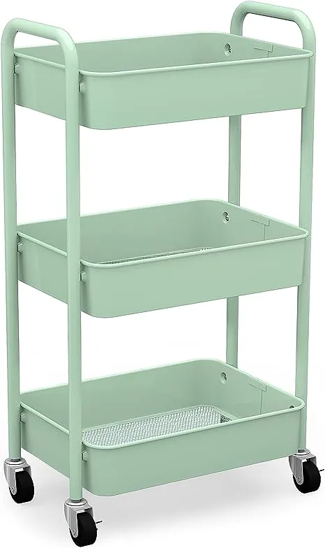 CAXXA 3-Tier Rolling Metal Storage Organizer - Mobile Utility Cart, Kitchen Cart with Caster Wheels (Aqua Green)