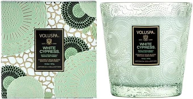 Voluspa White Cypress Candle | 2 Wick Glass Boxed Hearth | 16.5 Oz Fill | All Natural Wicks and Coconut Wax for Clean Burning | Vegan