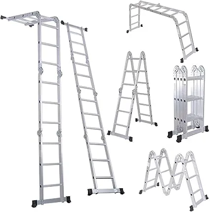 Comie 330lb 12.5ft Multi Purpose Aluminum Extension 7 in 1 Folding Step Ladder Foldable Lightweight Scaffold Ladder