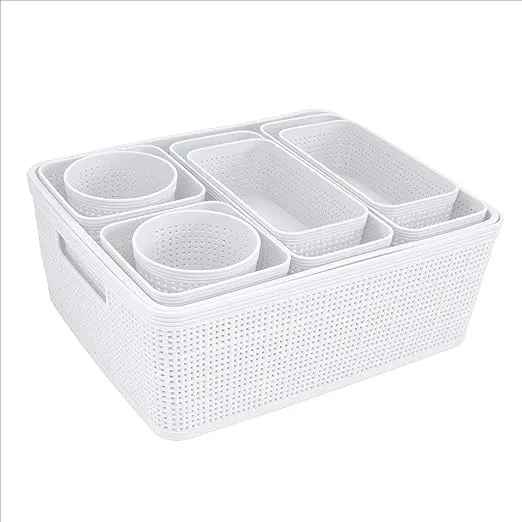 10 Pack Plastic Organizing Storage Basket Set, Grey