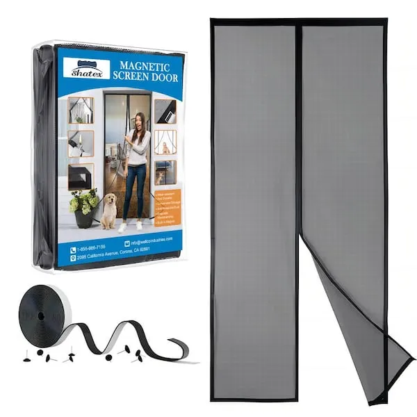 Shatex 39 in. x 82 in. Black Fiberglass Magnetic Screen Door Heavy Duty Mesh Curtain Bi-Parting - 39*82