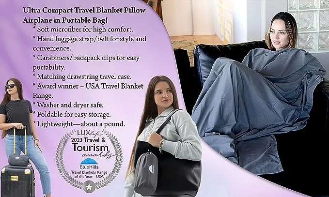 BlueHills Ultra Compact Travel Blanket 2 Pack Large Soft Cozy Portable Blanket Sheet with Carry Case and for Flight Airplane Car Layover Camping Hotel Grey C202-2PK-Gray