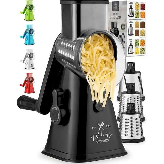 Rotary Cheese Grater with Handle & Upgraded Suction Base - Cheese Shredder with 5 Interchangeable Stainless Steel Blades - Multifunctional Vegetable Cutter & Nut Grinder with Blade Storage Box (Black)