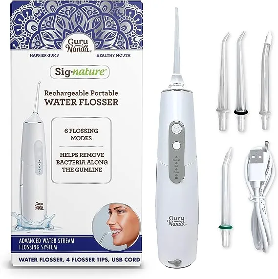 GuruNanda Cordless Water Flosser for Teeth, Gums & Braces - Portable & Rechargeable, 300 ml Water Tank with 6 Flossing Modes, 4 Replaceable Tips & IPX7 Waterproof - Oral Irrigator for Home & Travel