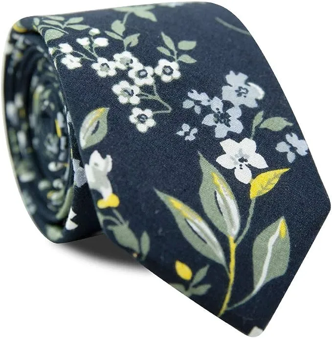 DAZI Men's Skinny Tie Floral Print Cotton Necktie, Great for Weddings, Groom, Groomsmen, Missions, Dances, Gifts.