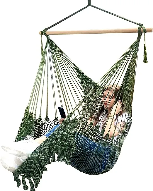 Chihee Hammock Chair Super Large Hanging Chair Soft-Spun Cotton Rope Weaving Chair, Collapsible Strong Metal Spreader Bar Wide Seat Lace Stretch Swing Chair Indoor Outdoor Garden Yard Theme Decoration