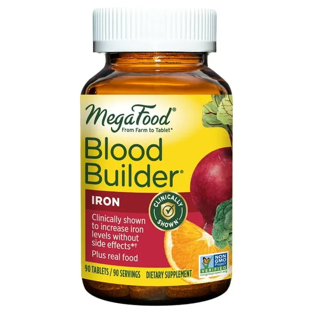 MegaFood Blood Builder - Iron Supplement Clinically Shown to Increase Iron Levels without Side Effects - Energy Support with Iron, Vitamins C and B12, and Folic Acid - Vegan - 90 Tabs