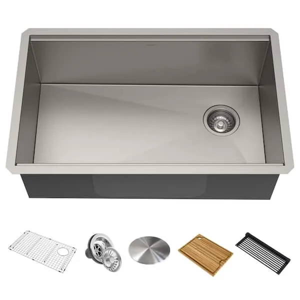 Kraus Kore Workstation Undermount 16 Gauge Single Bowl Stainless Steel Kitchen Sink with Accessories KWU110