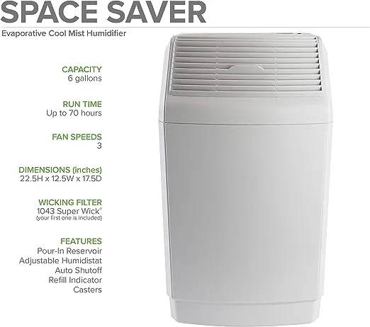 AIRCARE Space Saver Large Evaporative Whole House Commercial 6 Gallon Humidifier for Large Rooms 2,700 sq ft. With Digital Controls, Auto Humidistat and Automatic Shut Off