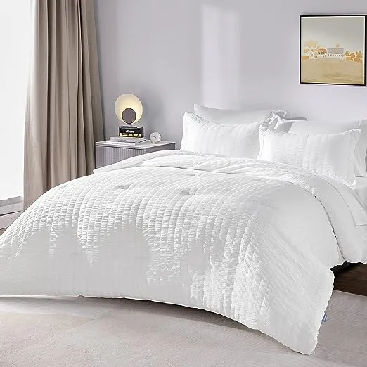 CozyLux Full/Queen Bed in A Bag Light Grey Seersucker Textured Comforter Set with Sheets 7-Pieces All Season Bedding Sets with Comforter Pillow Sham