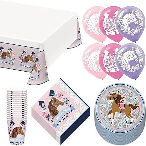 Saddle Up Horse & Floral Dessert Party Pack - Paper Plates, Luncheon Napkins, Cups, Table Cover, and Balloons for Cowgirl Party Decorations (Serves 16)